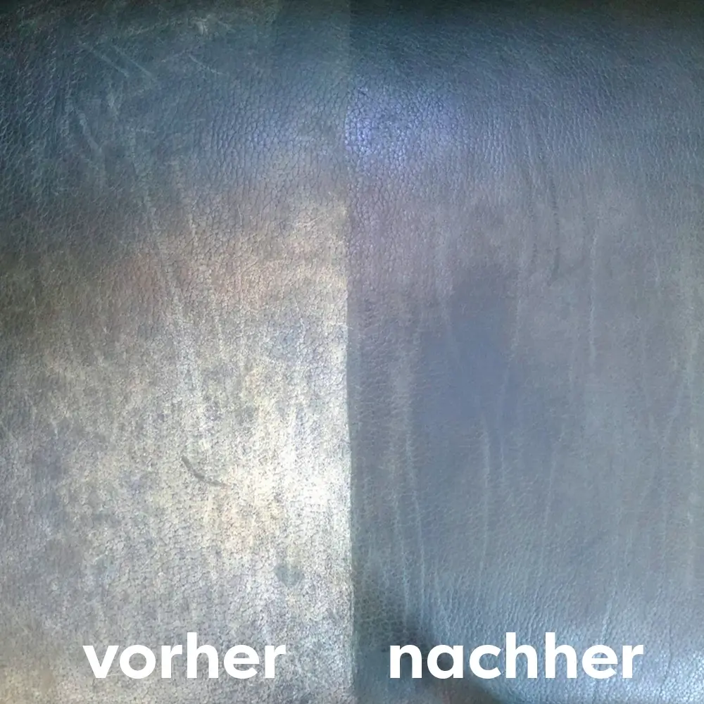 Vorher-nachher Bild einer blauen Ledercouch